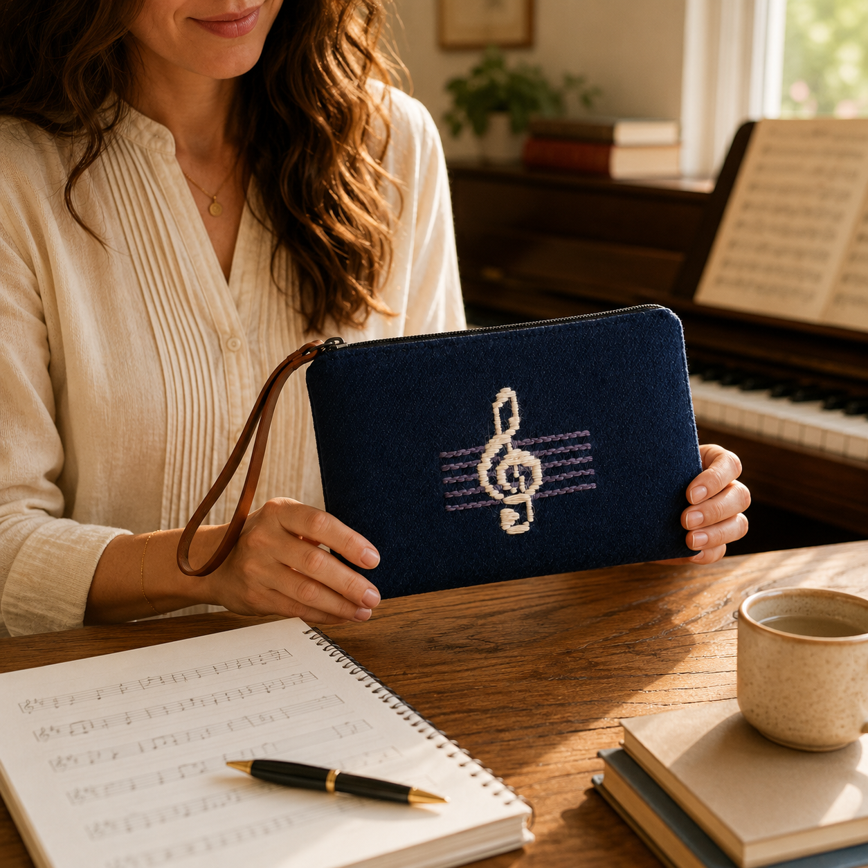 Nokturn – El Dokuması Müzik Motifli Portfolyo Çanta (Sol Anahtarı)